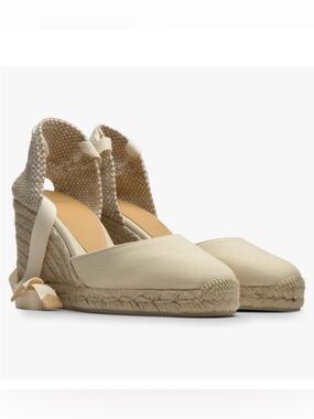 Castaner Beige/Cream Espadrille Wedge Sandals with Ankle Tie